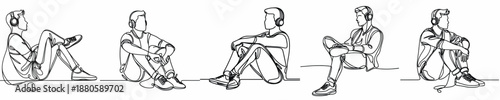 line art of a man sitting listening to music with headphones