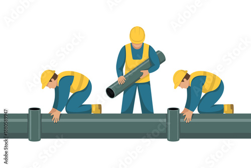 Three construction workers installing large pipes on a building site