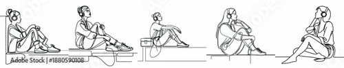 line art of a woman sitting listening to music with headphones