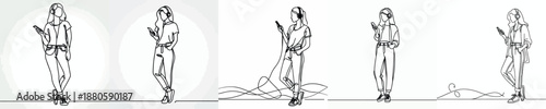 line art of a woman standing listening to music with headphones
