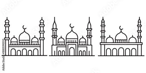 Three different islamic mosque line art illustrations set with domes and minarets