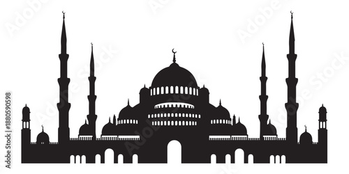 Large mosque silhouette with domes minarets and arches on white background