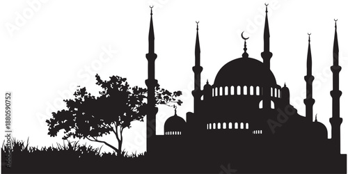 scenic mosque silhouette with tree and grass landscape for ramadan and eid festive graphics
