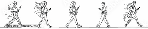 line art of a woman walking listening to music with headphones