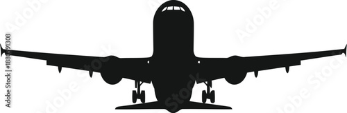 Black silhouette of a passenger airplane with landing gear extended