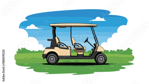 Beige golf cart with a roof and seats, parked on a lush green golf course under a bright blue sky with fluffy white clouds, ready for a round.