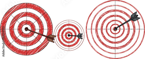 Set of three hand drawn sketched target board vector illustrations with arrows hitting the bullseye for creative goals