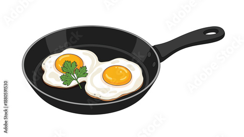 Two delicious fried eggs with vibrant yellow yolks and a sprig of fresh green parsley, perfectly presented in a black frying pan.
