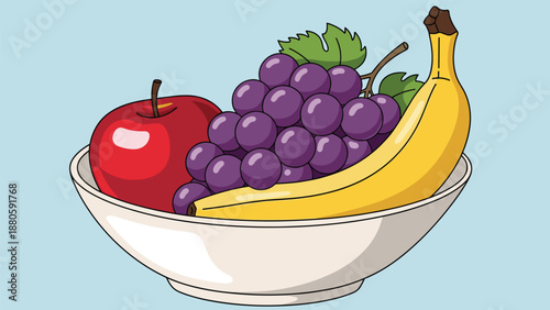 Healthy fruit bowl brimming with a red apple, vibrant purple grapes, and a ripe yellow banana, presented in a simple white ceramic bowl.