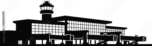Black silhouette of an airport terminal with control tower and jet bridges