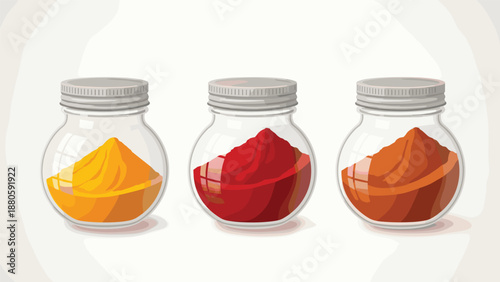 Three clear glass jars filled with vibrant powdered spices: bright yellow, rich red, and warm brown, adding flavor to culinary creations.