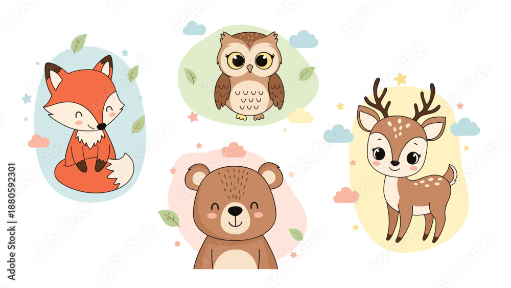 Fototapeta premium Adorable collection of four charming cartoon forest animal faces: a fox, an owl, a bear, and a deer, set against soft pastel shapes.