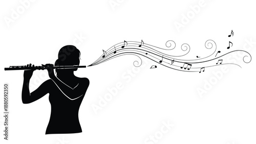 Dynamic silhouette of a woman playing a flute, with musical notes and decorative swirls gracefully emanating, symbolizing artistic expression.