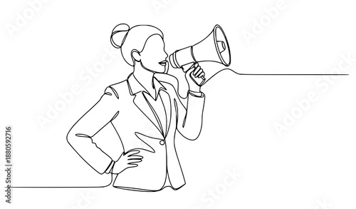 Minimal continuous line business woman megaphone advertising vector illustration