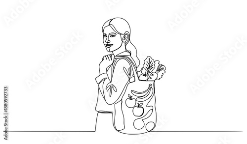 One line woman shopping fresh vegetables and fruits vector illustration