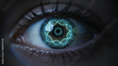 Genetic ancestry test concept featuring digital DNA helix human eye with futuristic technology and biological data visualization for advanced science