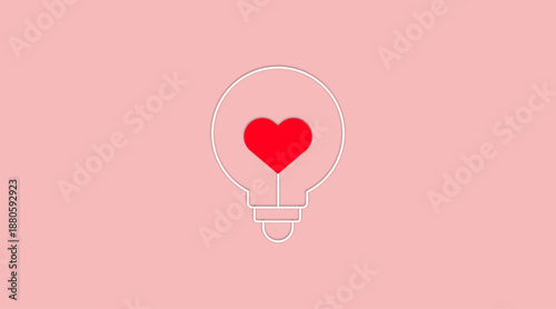 White light bulb with red heart icon on pink background, love idea concept, creative romance symbol, minimal flat design, valentine inspiration illustration