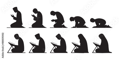 Silhouette collection of muslim people praying and reading holy book quran in various poses