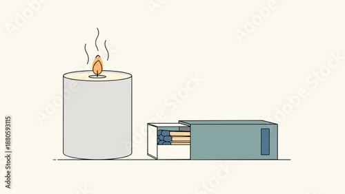 Warm illustration of a lit white pillar candle with a flickering flame, standing beside an open box of matches on a light surface.