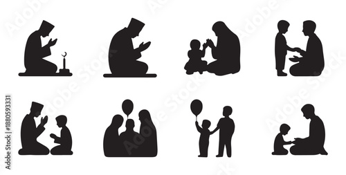 Muslim social and devotional activities silhouettes set father praying parent giving charity teaching child