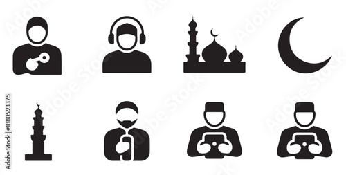 Digital islamic lifestyle and culture icon set including mosque crescent minaret and muslim using electronics