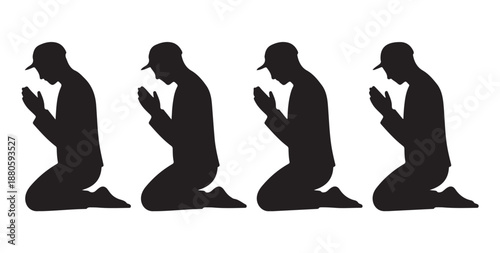 Muslim men kneeling in prayer silhouette set with cap profile view of spiritual worshipers