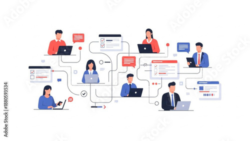 Business people communicate and collaborate online with laptops and mobile devices in a network