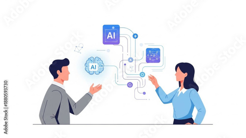 Two business professionals discussing artificial intelligence concept with flowchart