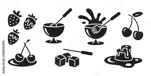 Dessert and fruit icon set, strawberries, cherries, ice cream, chocolate sauce, sweet treats