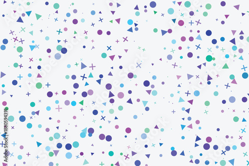 Colorful scattered geometric shapes create a playful abstract pattern perfect for festive backgrounds celebrations or modern design projects