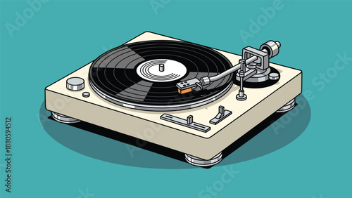 Classic vintage-style record player with a light-colored base, showcasing a spinning vinyl record on a vibrant teal background, evoking nostalgia.