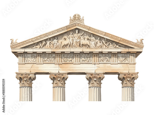 Classical Greek Temple Facade Pediment Frieze and Ionic Columns Architectural Drawing