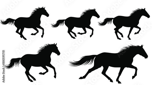 Dynamic collection of black horse silhouettes in various running and galloping poses, depicting speed, freedom, and equestrian grace.
