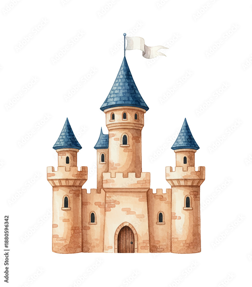 Fototapeta premium Magical Fairytale Castle with Blue Roofs and White Flag Standing Tall in Whimsical Watercolor Style