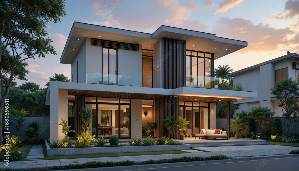 Fototapeta premium Modern Luxury Home Exterior with Lush Landscaping at Sunset