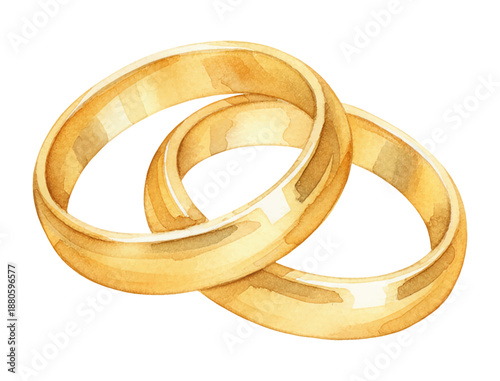Two elegant gold wedding rings intertwined symbolizing eternal love in a beautiful watercolor illustration