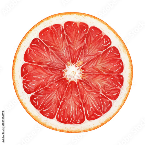 Bright Red Grapefruit Slice Showing Juicy Segments and White Pith in Detailed Watercolor Art