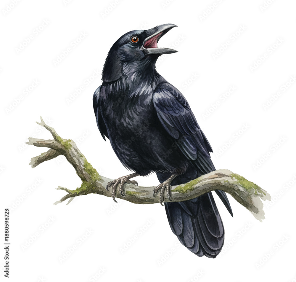 Obraz premium Black Crow Perched on a Mossy Branch Crying with its Mouth Open an Expressive Vocal Bird