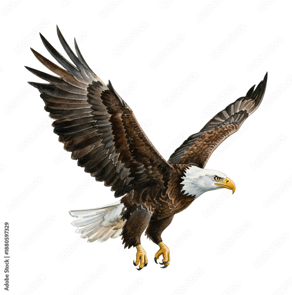 Obraz premium Majestic Bald Eagle Soaring Gracefully with Wings Spread in Detailed Watercolor Art Illustration