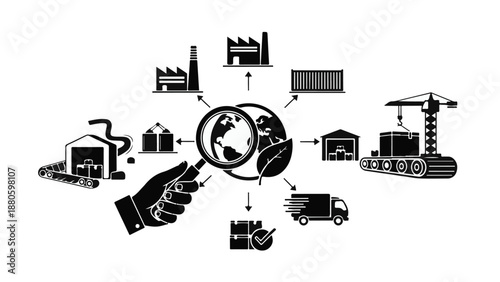 Global logistics network with supply chain elements examined under a magnifying glass.