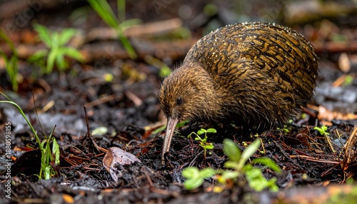 Adult Kiwi Foraging in Damp Rainforest Soil After Rain