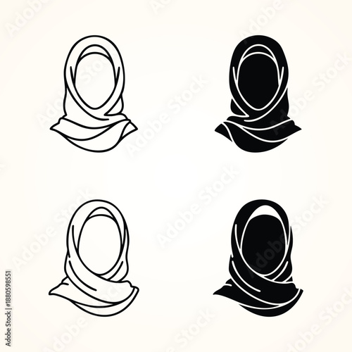Muslim Woman Hijab Icon Set, Flat and Outline Vector Avatars for Islamic Fashion and Identity