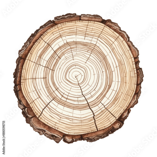 Detailed Tree Trunk Cross Section with Annual Rings and Bark Texture Watercolor Illustration