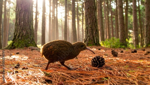 Kiwi Bird Walking Through Misty Pine Plantation Floor