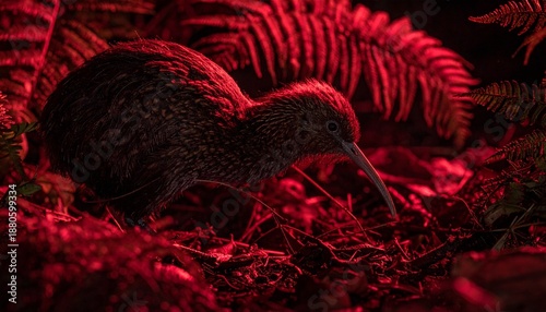 Nocturnal Kiwi Bird Observed Under Red Light Observation