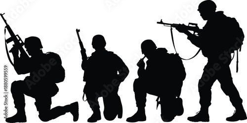 Military soldier silhouettes with weapons, tactical combat poses, armed forces teamwork concept, black illustration, isolated white background