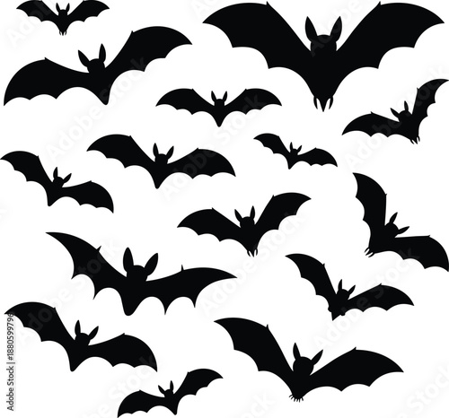 Flying bat silhouettes collection in various poses, spooky night wildlife shapes, Halloween horror concept, black bat figures isolated illustration