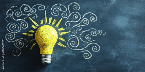 Creative Innovation, Light Bulb, Chalkboard, Illustration, Bright Environment, Close-Up, Concept of Ideas