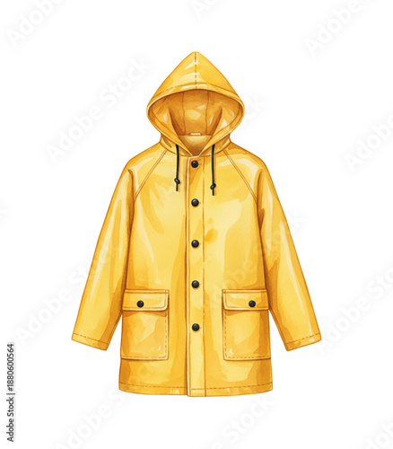 Bright Yellow Raincoat with Hood and Black Buttons and Pockets Waterproof Outerwear Isolated on White