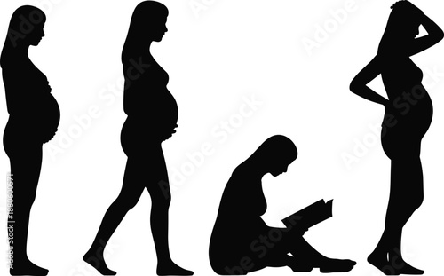Pregnant women silhouettes in different poses, maternity lifestyle moments, pregnancy body changes, motherhood concept, black female figures isolated illustration